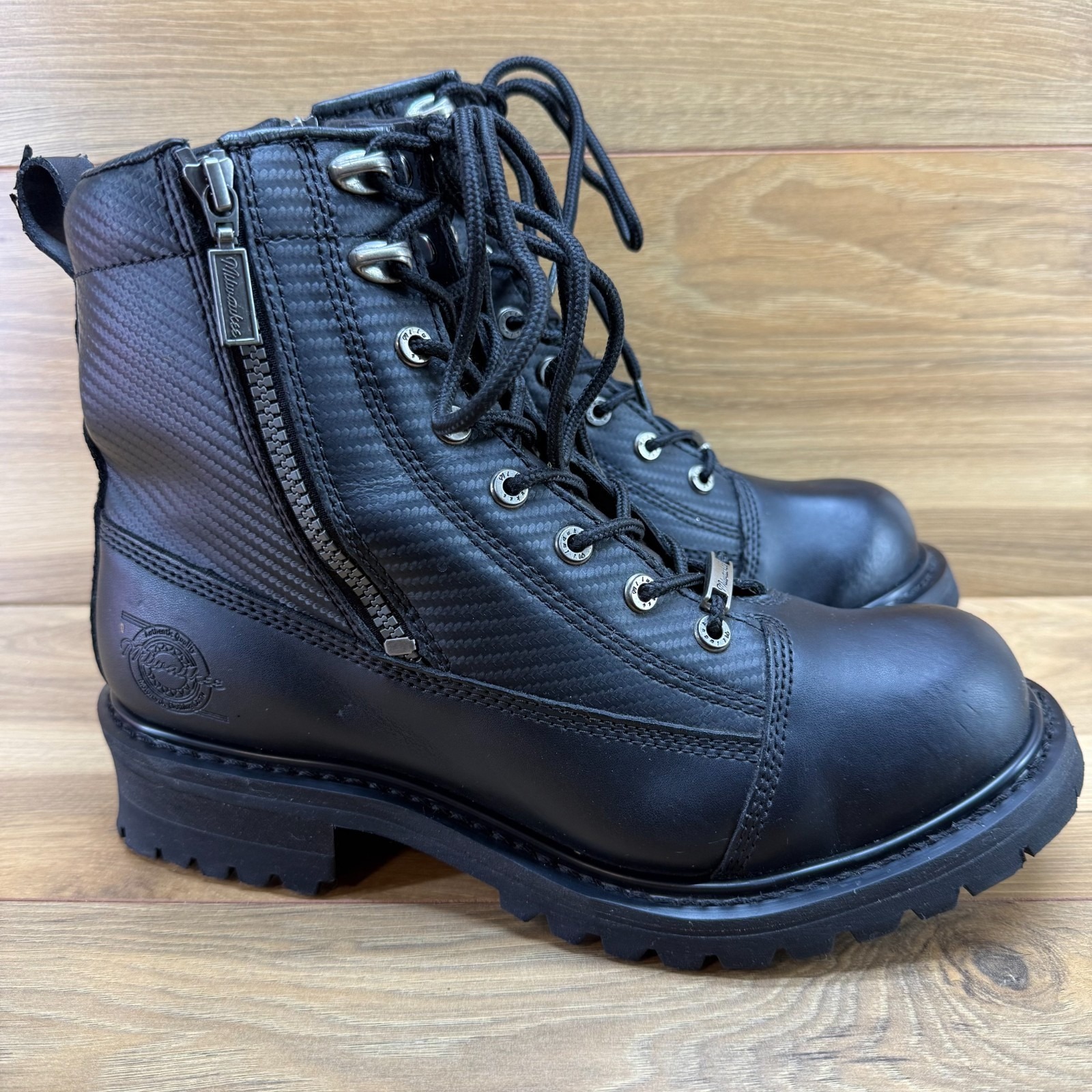 Milwaukee Accelerator Motorcycle Boots Mens 10 D Black Leather Lug Sole Combat
